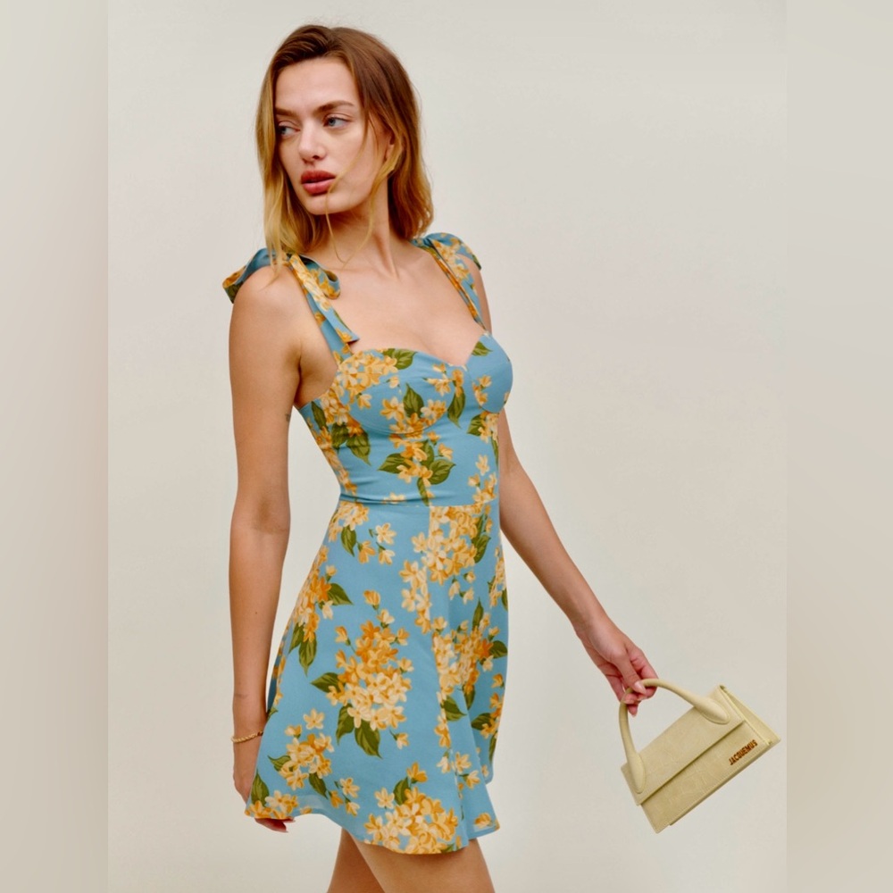 Reformation Niara Dress in Carmela Blue and Yellow Floral‎ Mini Dress Size:8